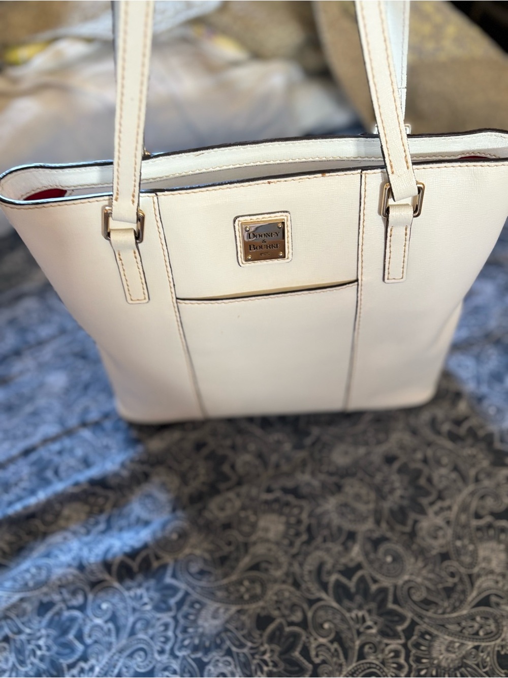 Dooney & Bourke Cream Leather Tote with Gold-Tone Plaque
